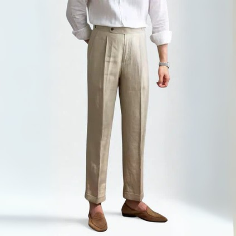 Men’s Pleated Linen Blend Trousers | Straight Leg