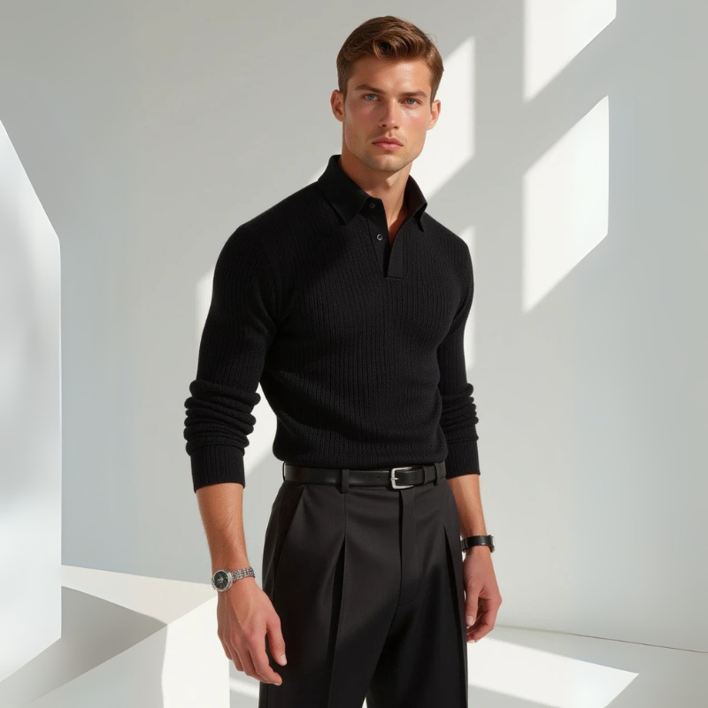 Men’s Long-Sleeve Ribbed Cotton Polo | Black