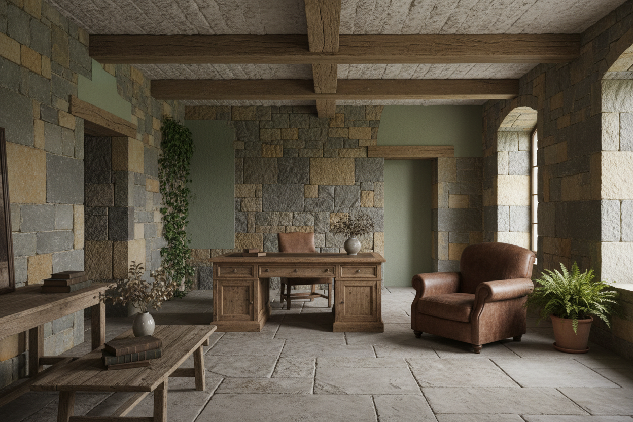 Ultra-realistic environmental photo conveying stability and credibility of a menswear brand without focusing on people. A refined interior or estate exterior is shown with natural materials such as wood, stone, and muted green tones. The scene feels lived-in and established rather than styled or staged. Soft daylight, low contrast, no AI look, no decorative props. Understated, trustworthy atmosphere that supports confidence in the brand as a business.