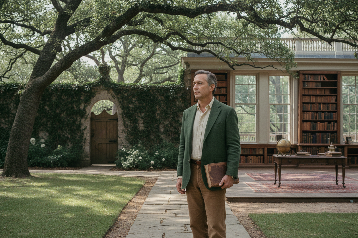 Ultra-realistic old money–inspired lifestyle photo that feels timeless rather than staged, as if captured naturally over years. A mature American man aged 45–60 is seen in a quiet, established setting such as an estate path, library, or country club surroundings. He wears classic, understated menswear in muted ivy green and warm neutral tones that blend into the environment. Natural daylight, soft shadows, low contrast, no AI look, no fashion editorial styling. Inherited, restrained atmosphere that reflects