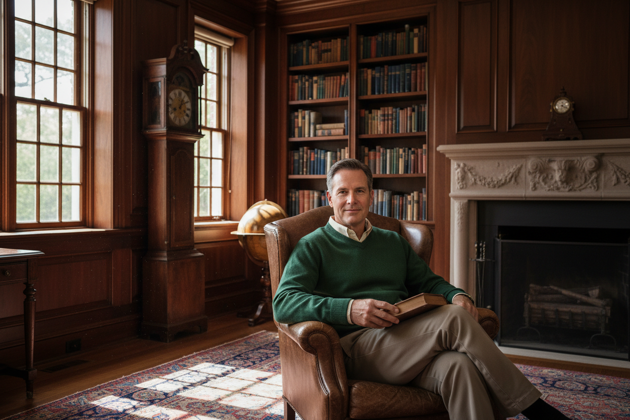Ultra-realistic product page image conveying trust and ease, aligned with an old money aesthetic. A mature American man aged 40–60 is shown naturally in a refined interior setting, such as a study or quiet residence, wearing understated menswear in muted ivy green and warm neutral tones. His posture is relaxed and unposed, suggesting confidence and familiarity rather than display. Soft natural daylight, low contrast, and natural materials like wood and leather reinforce a calm, established atmosphere. No ed